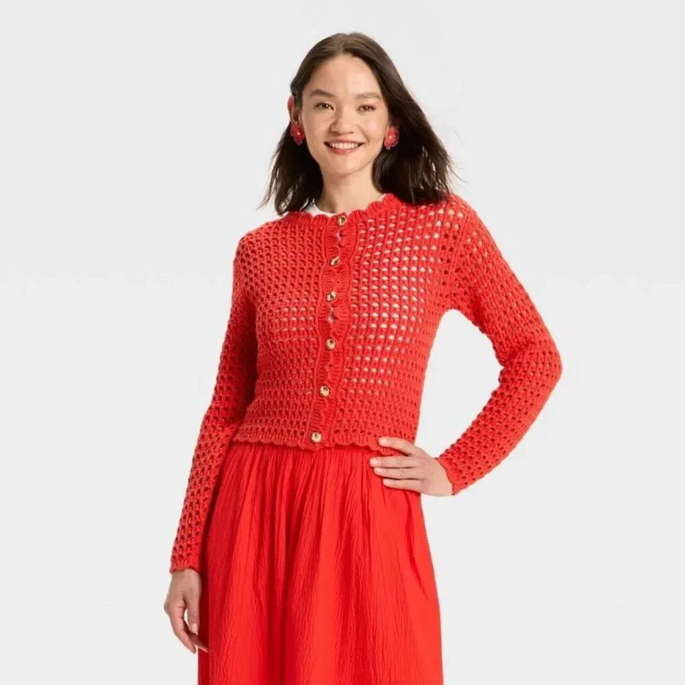 NEW A New Day Women's Crochet Button-Front Cardigan A New Day Red Size Small